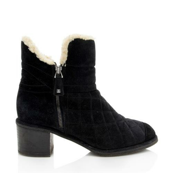 CHANEL QUILTED SUEDE SHEARLING ANKLE BOOTS - Picture 1 of 12